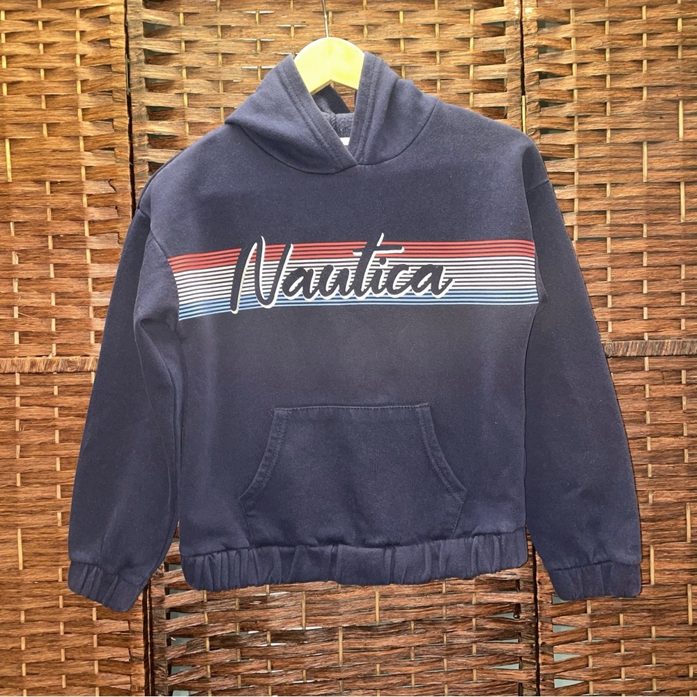 Nautica Kids Navy Striped Hoodie Sweater, Size L.